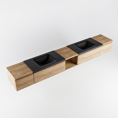 MONDIAZ BUKLA 280cm badmeubel met open module 40 midden kleur Washed Oak met 4 lades. Wastafel CLOUD dubbel 2 kraangaten kleur Urban.