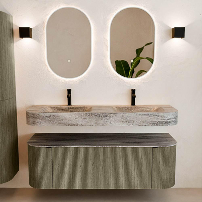 MONDIAZ THOR-DLUX 140cm meuble de salle de bains arrondi gauche + droite couleur Shadow avec 1 tiroir et 2 portes. Vasque suspendue CLOUD Double 2 trous de robinet couleur Oza.