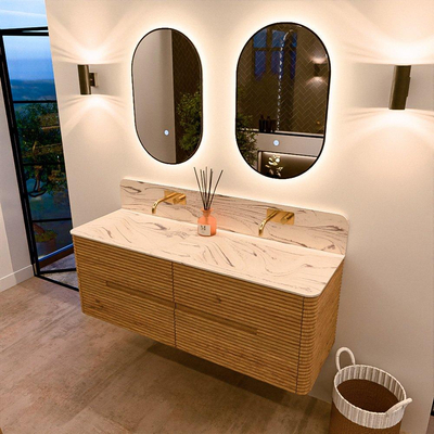 Mondiaz CIRO-DLUX Badkamermeubelset - 140x45x50cm - Solid surface wastafel Nata - 2 wasbak Dubbel - zonder kraangaten - 4 lades - Oak