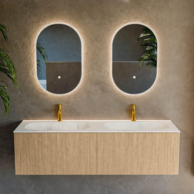 MONDIAZ KURVE-DLUX 150cm badmeubel kleur Oak met 2 lades. Wastafel STOR SMALL dubbel 2 kraangaten kleur Opalo.