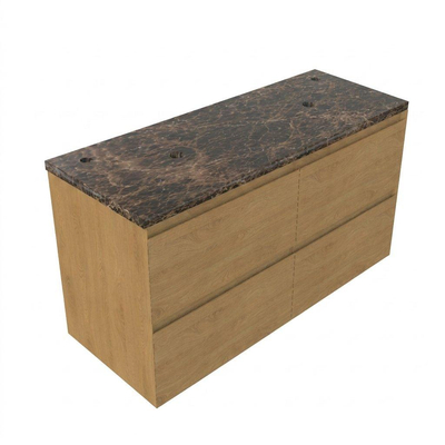 Saniclass Holz Pure Ensemble de meubles de salle de bains - 120x45x63cm - Plan de travail Noche en pierre naturelle dark emperador - 2 trous de robinetterie - 4 tiroirs - chêne natural mat (bois)