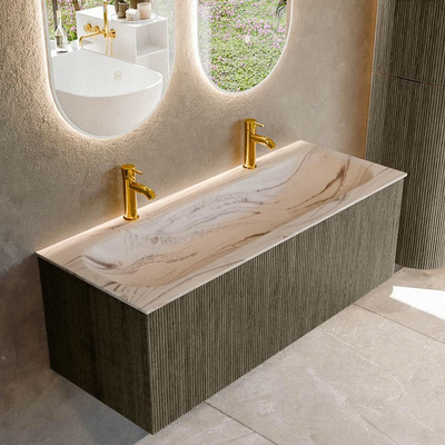 MONDIAZ KURVE-DLUX Meuble de salle de bains 120 cm couleur Shadow avec 1 tiroir et 0 porte. Lavabo BIG LARGE Central 2 trous de robinet Nata.