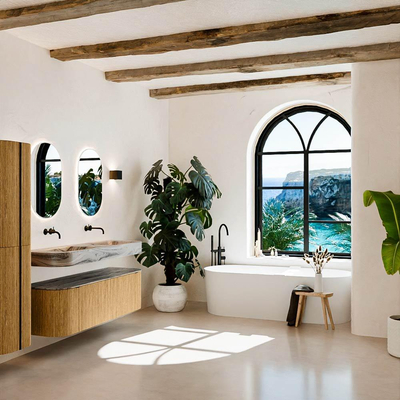 MONDIAZ THOR-DLUX 150cm meuble de salle de bains arrondi gauche + droite couleur Oak avec 1 tiroir et 2 portes. Vasque suspendue CLOUD Double sans trou de robinet couleur Sombra.