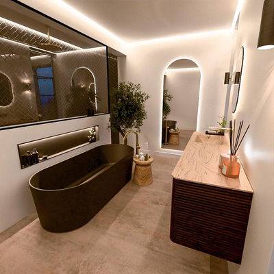 Mondiaz CIRO-DLUX Meuble de salle de bains ensemble - 170x45x50cm - Plan vasque solid surface Arena - 1 lavabo gauche - sans trous de robinetterie - 4 tiroirs - Noyer
