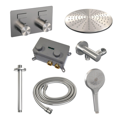 BRAUER Brushed Edition Douche de pluie thermostatique encastrée - boutons-poussoirs - SET 60 - pomme de douche 30cm - bras de plafond - douchette 3 jets - flexible de douche - coude de raccordement mural - inox brossé PVD