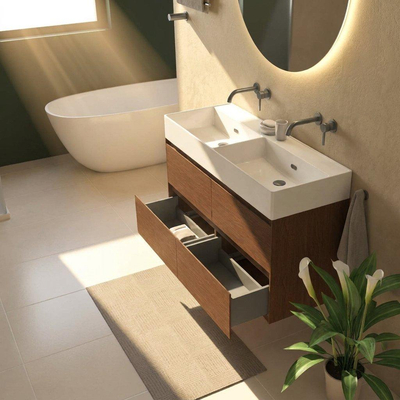 Saniclass Holz Pure Ensemble de meubles de salle de bains - 120x45x72cm - lavabo Legend en céramique blanc - 2 vasques - sans trous de robinet - 4 tiroirs - walnut pure mat (bois)