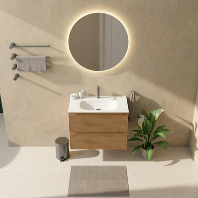 Saniclass Holz Atelier Ensemble de meubles de salle de bains - 80x45x61.5cm - Flow lavabo en solid surface blanc - 1 vasque - 1 trou de robinetterie - 2 tiroirs - chêne natural mat (bois)