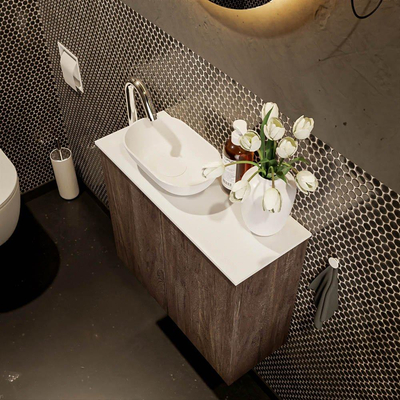 Mondiaz Fowy Meuble de toilette - 60x50x23cm - marron foncé mat - 1 trou de robinet - lavabo à gauche - 2 portes - solid surface - plan Mélamine - lavabo : blanc