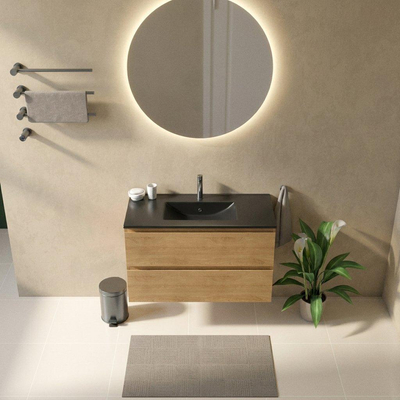 Saniclass Holz Pure Ensemble de meubles de salle de bains - 100x45x62cm - Lavabo Vygo en céramique noir - 1 vasque - 1 trou de robinetterie - 2 tiroirs - chêne natural mat (bois)