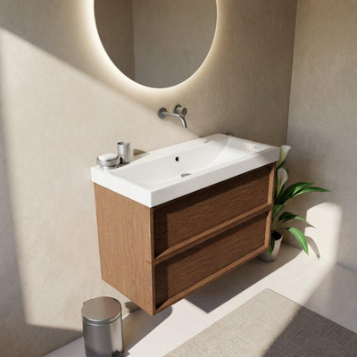 Saniclass Holz Frame Ensemble meuble de salle de bains - 100x45x67.5cm - Wave lavabo en céramique - 1 vasque - sans trou de robinetterie - 2 tiroirs - walnut pure mat (bois)
