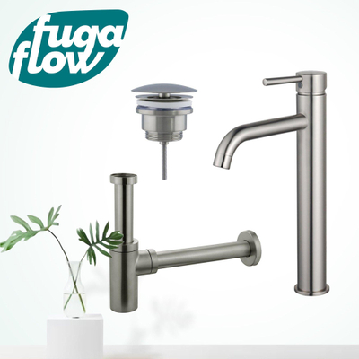 FugaFlow Eccelente Sobrado Badkamer Wastafelkraanset - verhoogde wastafelkraan - always open plug - design sifon - PVD Geborsteld RVS