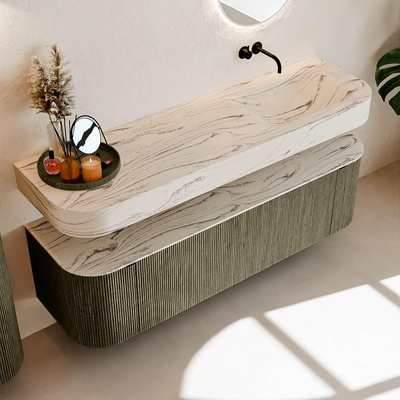 MONDIAZ THOR-DLUX 160cm meuble de salle de bains arrondi gauche + droite couleur Shadow avec 1 tiroir et 2 portes. Vasque suspendue CLOUD Droite sans trou de robinet couleur Nata.