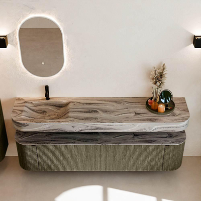 MONDIAZ THOR-DLUX 190cm badmeubel ronding links + rechts kleur Shadow met 2 lades en 2 deuren. Vrijhangende wastafel CLOUD Links 1 kraangat kleur Sombra.