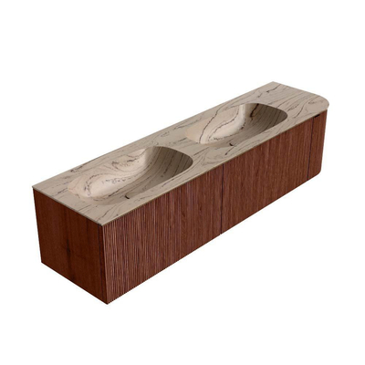 MONDIAZ KURVE-DLUX 175cm meuble de salle de bains arrondi Droite couleur Ruby avec 2 tiroirs et 1 porte. Lavabo STOR SMALL Double / Gauche 2 trous de robinet Arena.