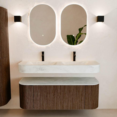 MONDIAZ THOR-DLUX 130cm badmeubel ronding links + rechts kleur Walnut met 1 lade en 2 deuren. Vrijhangende wastafel CLOUD Dubbel 2 kraangaten kleur Opalo.