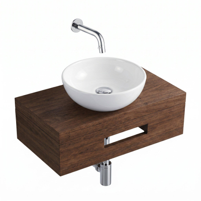 Royal Plaza Terra Planche pour lave-mains - 40x25x10cm - avec porte-serviettes - vasque à poser blanc brillant - robinet de lave-mains chrome - bonde - siphon - châtaigne (noyer)
