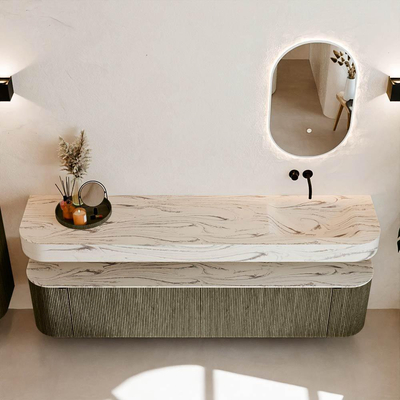 MONDIAZ THOR-DLUX 200cm meuble de salle de bains arrondi gauche + droite couleur Shadow avec 2 tiroirs et 2 portes. Vasque suspendue CLOUD Droite sans trou de robinet couleur Nata.