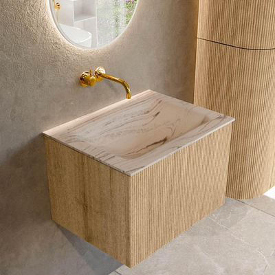 MONDIAZ KURVE-DLUX 60cm badmeubel kleur Oak met 1 lade en 0 deuren. Wastafel CLOUD Midden zonder kraangat Nata.