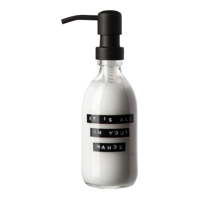 Wellmark Handcreme helder glas zwarte pomp 250ml tekst IT IS ALL-IN YOUR HANDS Black label SHOWROOMMODEL