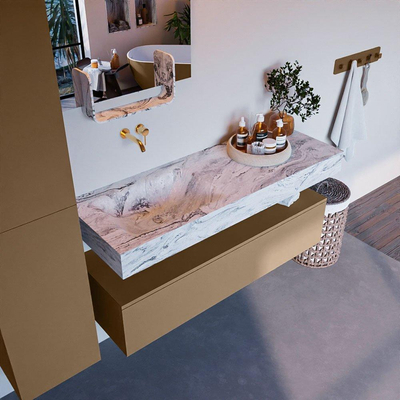 Mondiaz ALAN-DLUX Ensemble de meuble - 130cm - meuble Oro mat - 1 tiroir - Lavabo Cloud Glace suspendu - vasque Gauche - 0 trous de robinet