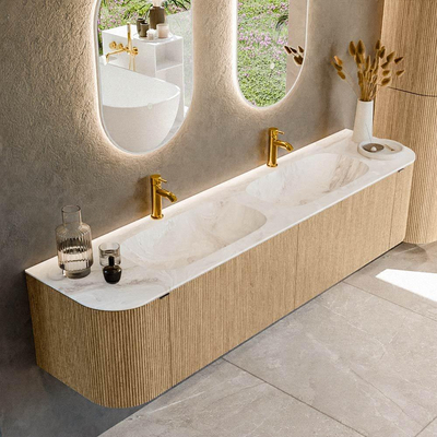 MONDIAZ KURVE-DLUX 190cm badmeubel met module 25 Len R kleur Oak met 2 lades en 2 deuren. Wastafel STOR SMALL dubbel 2 kraangaten kleur Frappe.
