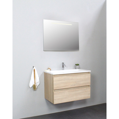 Basic Bella Meuble salle de bains avec lavabo acrylique Blanc 80x55x46cm 1 trou de robinet avec miroir et éclairage Chêne