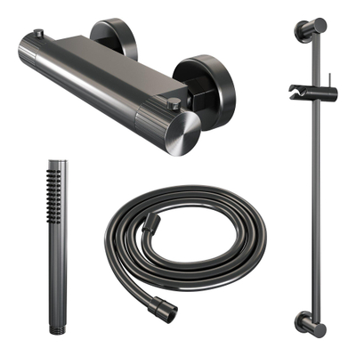 BRAUER Stripe Opbouw Douche Thermostaatkraan - SET 01 - glijstang - staaf handdouche - doucheslang - gunmetal geborsteld PVD