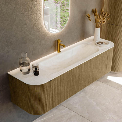 Mondiaz KURVE-DLUX Ensemble de meuble de salle de bains - 160x46x40cm - 1 tiroir - 2 portes - lavabo solid surface - milieu - 1 trou de robinet - Dusk