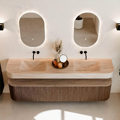 MONDIAZ THOR-DLUX Meuble de salle de bains - 200cm - arrondi gauche + droite - couleur Walnut - 2 tiroirs et 2 portes - Vasque suspendue CLOUD Double sans trou de robinet - couleur Saba