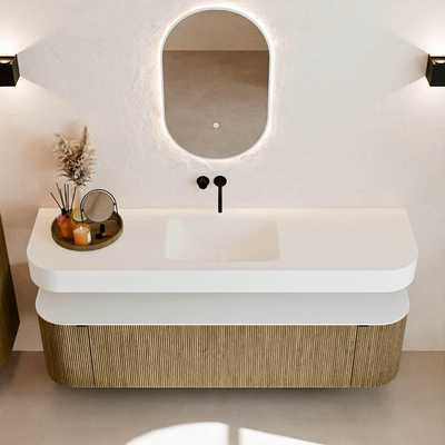 MONDIAZ THOR Meuble de salle de bains 170cm arrondi gauche + droite couleur Dusk avec 1 tiroir et 2 portes. Vasque suspendue CLOUD Milieu sans trou de robinet couleur Talc.