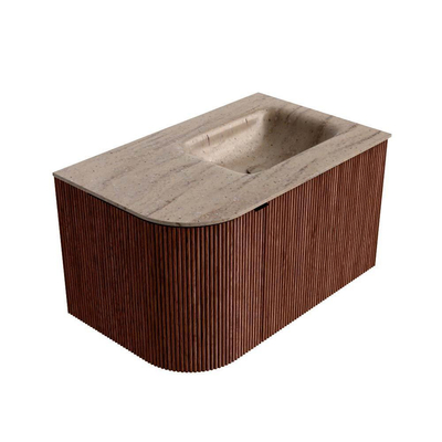 MONDIAZ KURVE-DLUX Meuble de salle de bains 75cm arrondi à gauche couleur Ruby avec 1 tiroir et 1 porte. Lavabo GRUNNE à droite sans trou de robinet Saba.