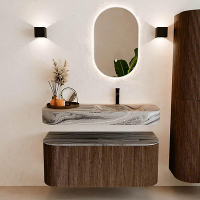 MONDIAZ THOR-DLUX 110cm badmeubel ronding links + rechts kleur Walnut met 1 lade en 2 deuren. Vrijhangende wastafel CLOUD Rechts 1 kraangat kleur Sombra.