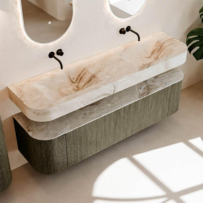 MONDIAZ THOR-DLUX 170cm meuble de salle de bains arrondi gauche + droite couleur Shadow avec 1 tiroir et 2 portes. Vasque suspendue CLOUD Double sans trou de robinet couleur Frappe.