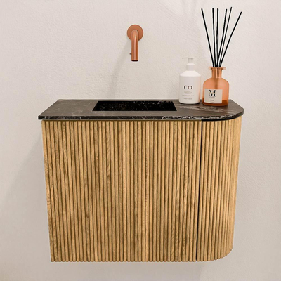 Mondiaz JOYA-DLUX 51.6cm toiletmeubel - ronding rechts kleur Oak - Wastafel FAYE positie Links Zonder kraangat kleur Lava.