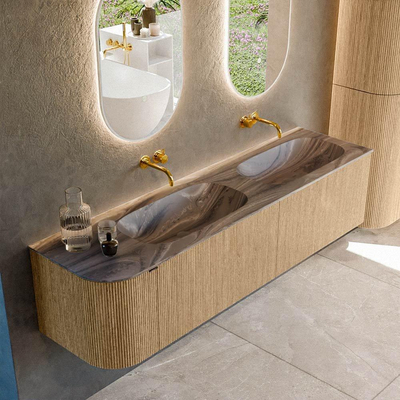 MONDIAZ KURVE-DLUX 175cm meuble de salle de bains arrondi gauche couleur chêne avec 2 tiroirs et 1 porte. Lavabo STOR SMALL Double / Droit sans trou de robinet Sombra.