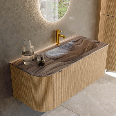 MONDIAZ KURVE-DLUX Meuble de salle de bains 105cm arrondi à gauche couleur Oak avec 1 tiroir et 1 porte. Lavabo BIG SMALL à droite 1 trou de robinet Sombra.
