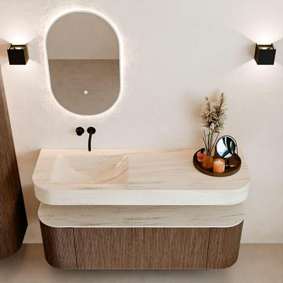 MONDIAZ THOR-DLUX Meuble de salle de bains 140cm arrondi gauche + droite couleur Walnut avec 1 tiroir et 2 portes. Vasque suspendue CLOUD Gauche sans trou de robinet couleur Meli.