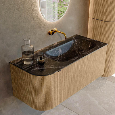 MONDIAZ KURVE-DLUX 105cm badmeubel met module 25 L kleur Oak met 1 lade en 1 deur. Wastafel BIG SMALL rechts zonder kraangat kleur Lava.