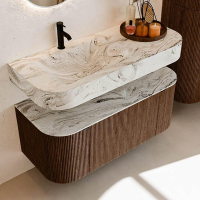 MONDIAZ THOR-DLUX 110cm badmeubel ronding links + rechts kleur Walnut met 1 lade en 2 deuren. Vrijhangende wastafel CLOUD Links 1 kraangat kleur Glace.