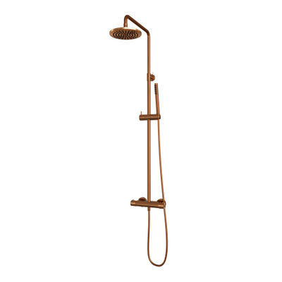 Brauer Copper Carving Colonne de douche murale thermostatique avec pommeau rond 20cm et douchette Stylo 1 jet flexible lisse 150cm et barre de douche avec support douchette Cuivre brossé PVD