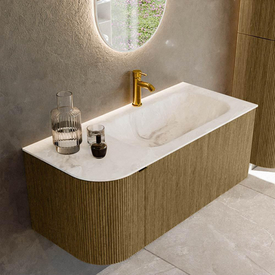 Mondiaz KURVE-DLUX Badkamermeubelset - 105x46x40cm - 1 lade - 1 deur - wastafel solid surface - rechts - 1 kraangat - Dusk