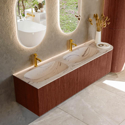 MONDIAZ KURVE-DLUX 165cm meuble de salle de bains arrondi Droite couleur Ruby avec 2 tiroirs et 1 porte. Lavabo STOR SMALL Double / Gauche 2 trous de robinet Nata.