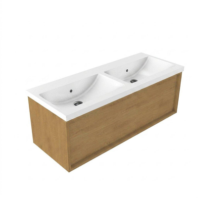 Saniclass Holz Frame Ensemble meuble de salle de bains - 120x45x43.5cm - lavabo Bari en céramique blanc - 2 vasques - sans trous de robinetterie - 1 tiroir - chêne natural mat (bois)