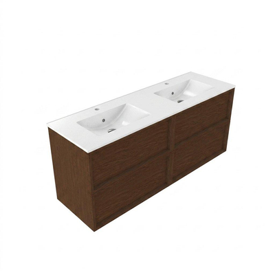 Saniclass Holz Frame Ensemble de meubles de salle de bains - 140x45x62cm - Lavabo Vygo en céramique blanc - 2 vasques - 2 trous de robinetterie - 4 tiroirs - brillant walnut pure (bois)