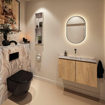 MONDIAZ TURE-DLUX Meuble WC 80 cm Washed Oak. Lavabo EDEN Glace position milieu. Sans trou de robinet.
