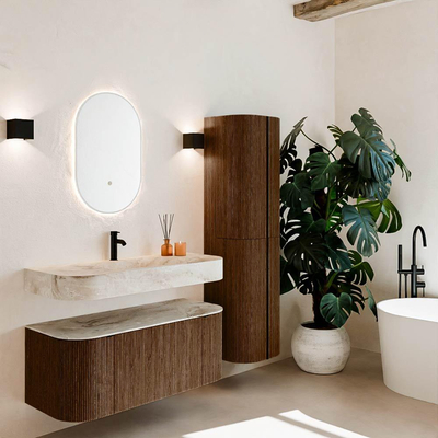 MONDIAZ THOR-DLUX Meuble de salle de bains 110cm arrondi gauche + droite couleur Walnut avec 1 tiroir et 2 portes. Vasque suspendue CLOUD Milieu 1 trou de robinet couleur Frappe.