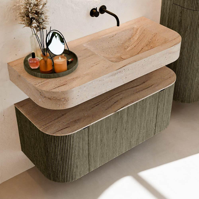 MONDIAZ THOR-DLUX 110cm meuble de salle de bains arrondi gauche + droite couleur Shadow avec 1 tiroir et 2 portes. Vasque suspendue CLOUD Droite sans trou de robinet couleur Saba.