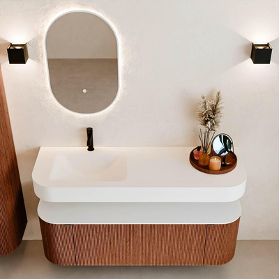 MONDIAZ THOR 140cm meuble de salle de bains arrondi gauche + droite couleur Ruby avec 1 tiroir et 2 portes. Vasque suspendue CLOUD gauche 1 trou de robinet couleur Talc.