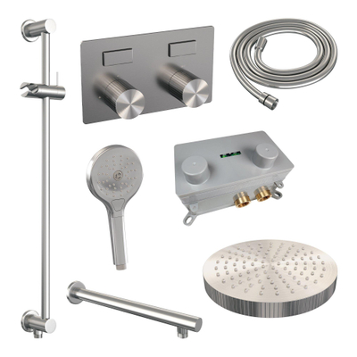 BRAUER Stripe Thermostatische Inbouw Regendouche - drukknoppen - SET 34 - 25cm douchekop - rechte muurarm - 3-standen handdouche - doucheslang - geïntegreerde glijstang - RVS-kleurig geborsteld PVD