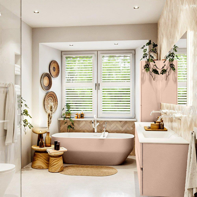 MONDIAZ VICA Ensemble meuble de salle de bains - 200cm - meuble bas rosee - 4 tiroirs - lavabo cloud double - sans trous de robinet - version haute 60cm - talc